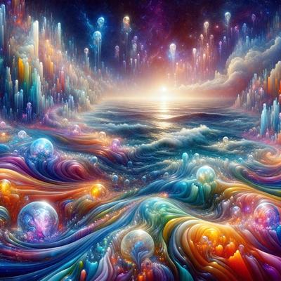 The primary subject of the image is a vibrant, colorful ocean scene with a sunset in the background. The setting is a vast, open body of water with a variety of colorful bubbles floating on the surface. The visual style is a combination of digital art and illustration, creating a lively and dynamic atmosphere. The colors and mood of the image are predominantly warm and inviting, with the sunset casting a golden glow over the ocean and the bubbles adding a sense of playfulness